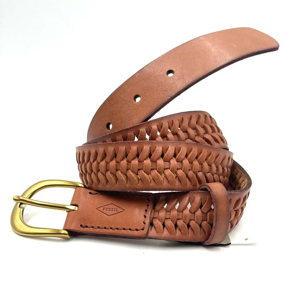 Fossil Fossil Leather Belt Woven - Braided unisex Cognac brown brass buckle